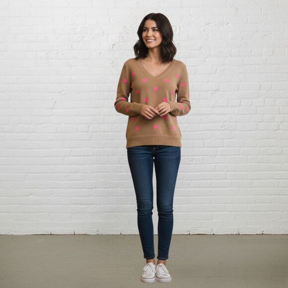 Gap Polka Dot Sweater Size Large Beige Pink V-Neck Wool Blend - Picture 1 of 14